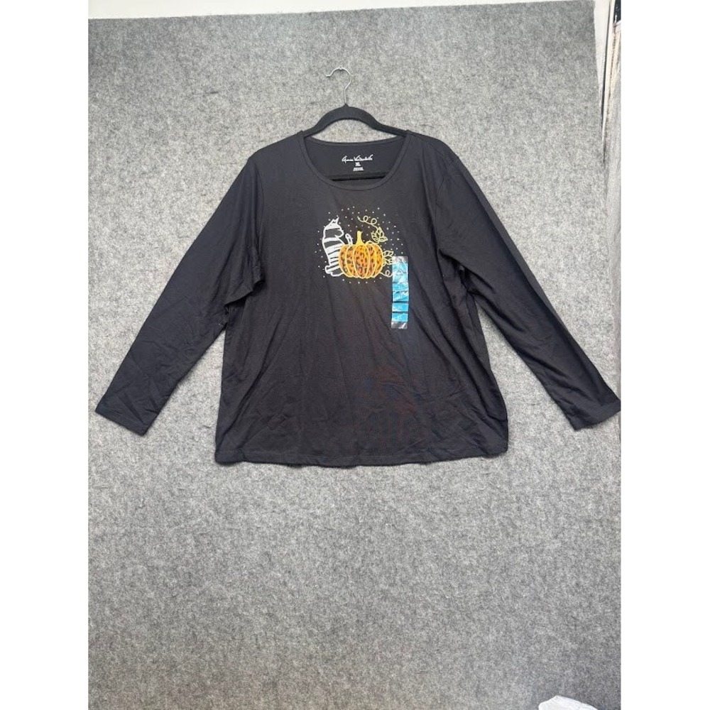 Gloria Vanderbilt Halloween Cat Pumpkin Graphic Long Sleeve Tee Black XL NEW